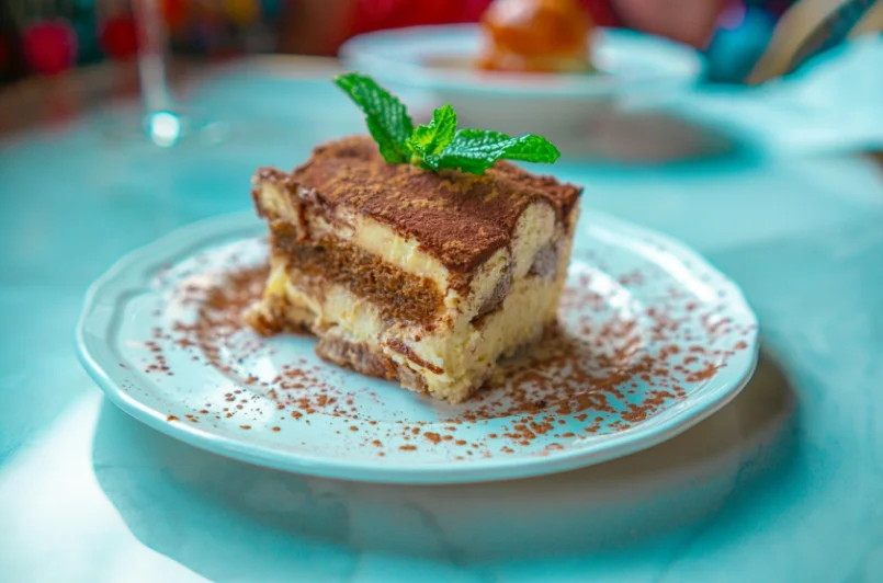 tiramisu topped with cocoa and fresh mint leaf