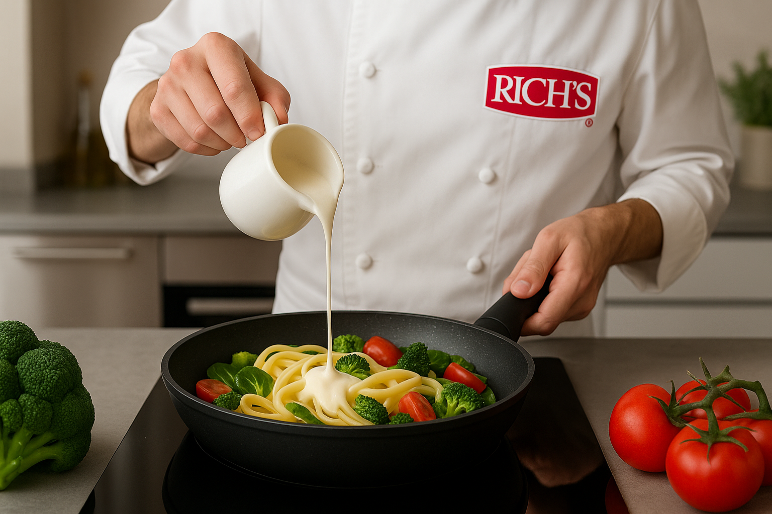 Chef pouring cooking cream into pasta