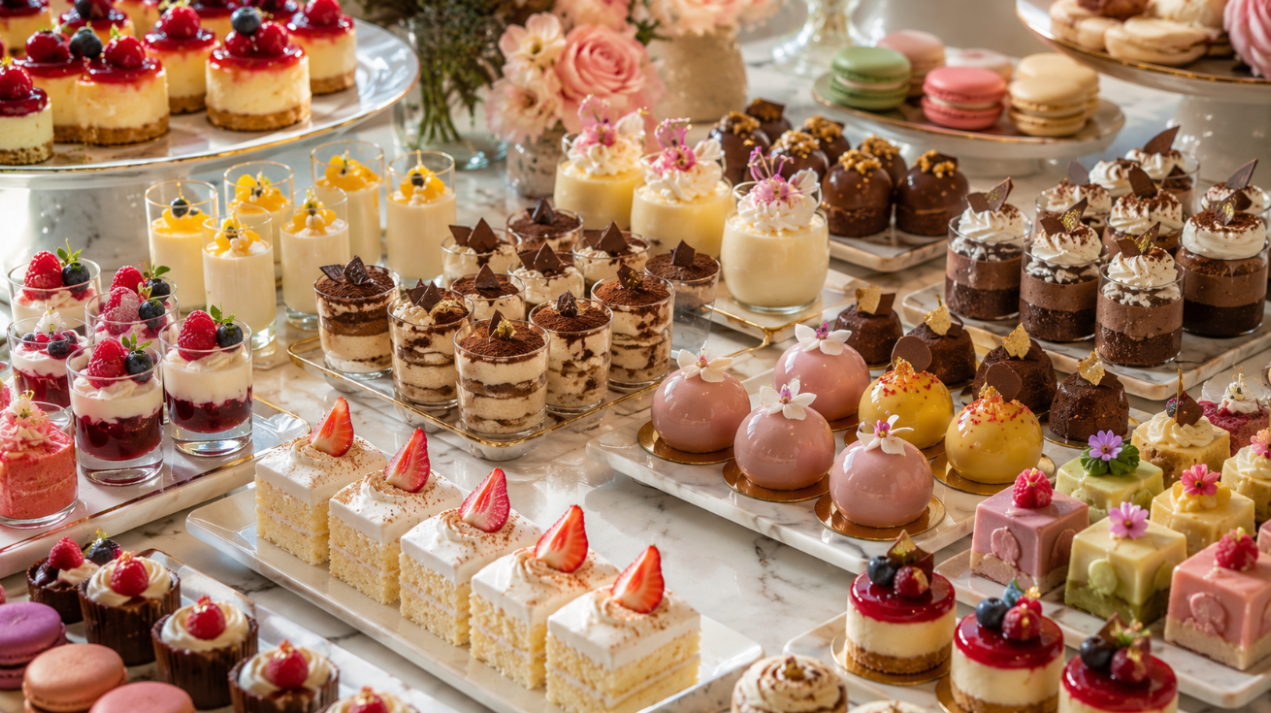 Assorted dessert cups and mini pastries