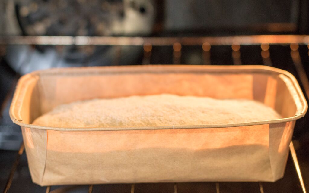 Freshly baked loaf of bread in a baking pan