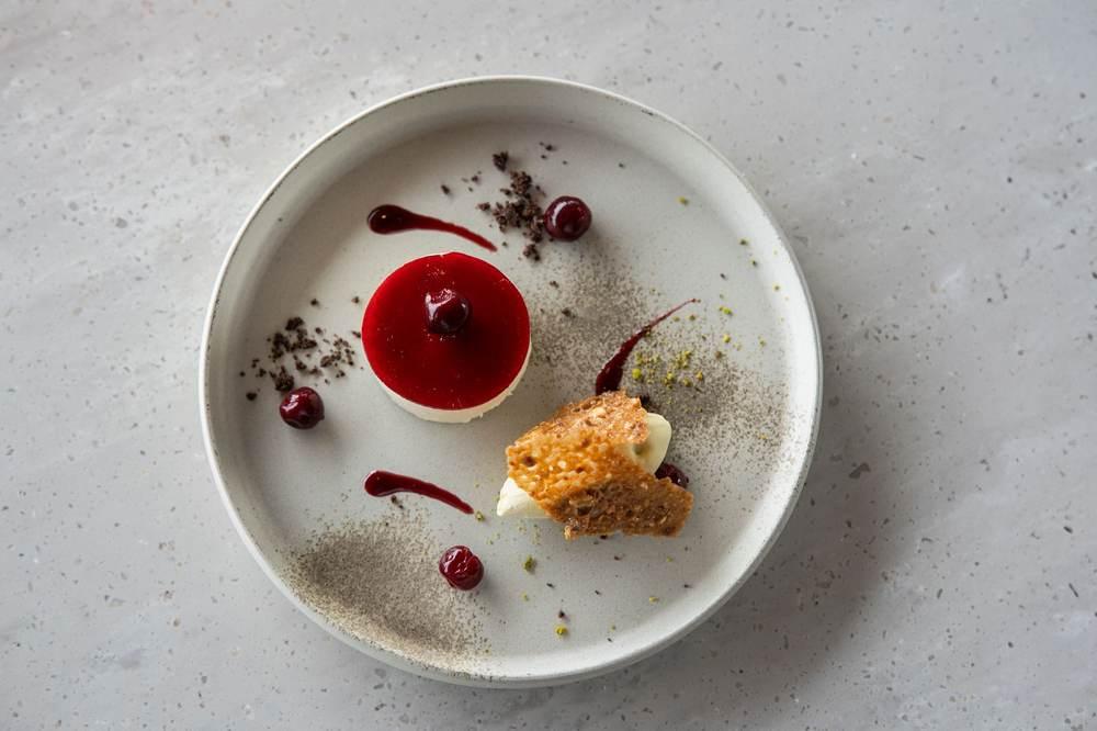 Beautifully plated aesthetic dessert with fruit sauce, tuile and garnish on a speckled plate