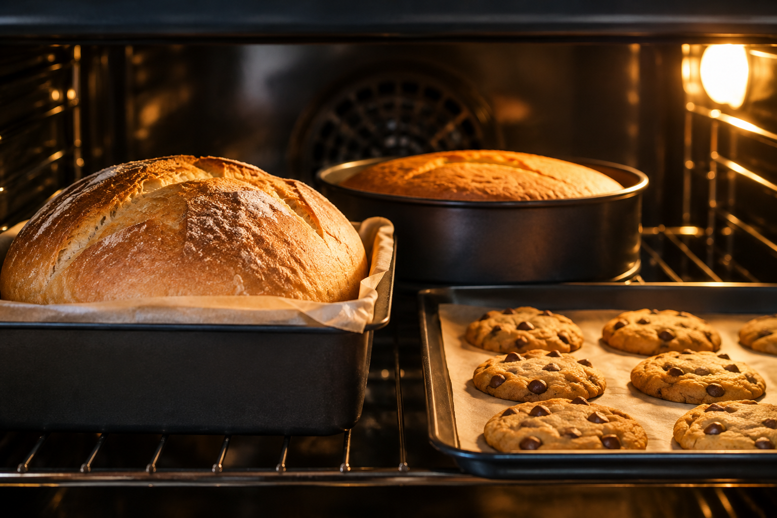 Bread cake and cookies baking inside an oven