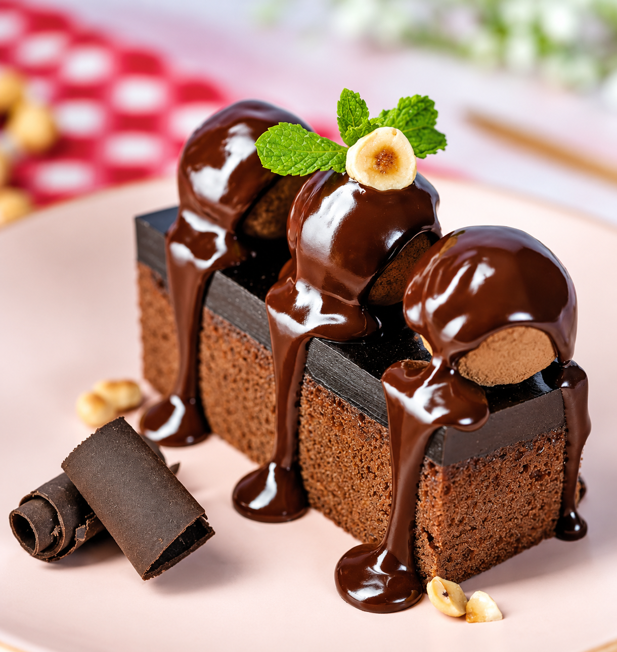 Chocolate cake with glossy chocolate glaze, mint and hazelnut garnish