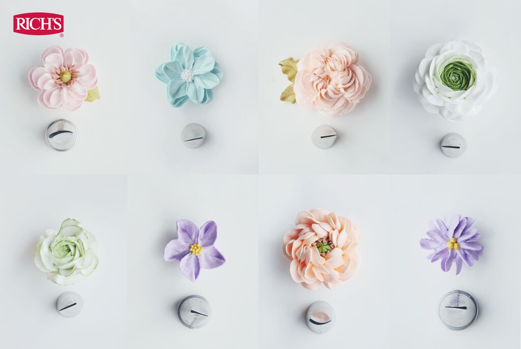 Piping nozzles shown alongside the buttercream flower each nozzle creates