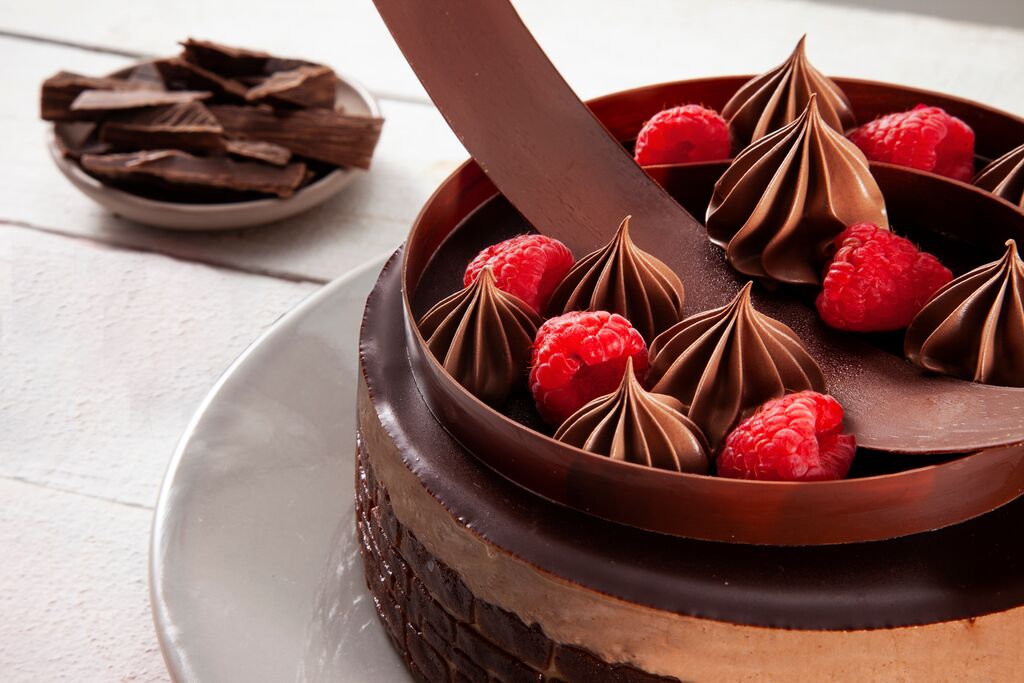 Chocolate cake with a chocolate collar and raspberries