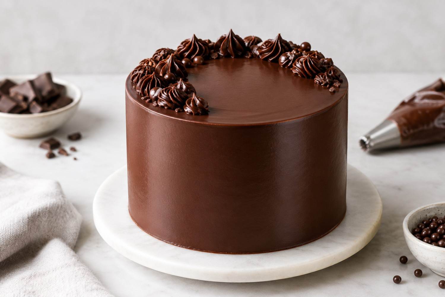 Smooth chocolate ganache cake with sharp, clean edges and piped chocolate decorations.