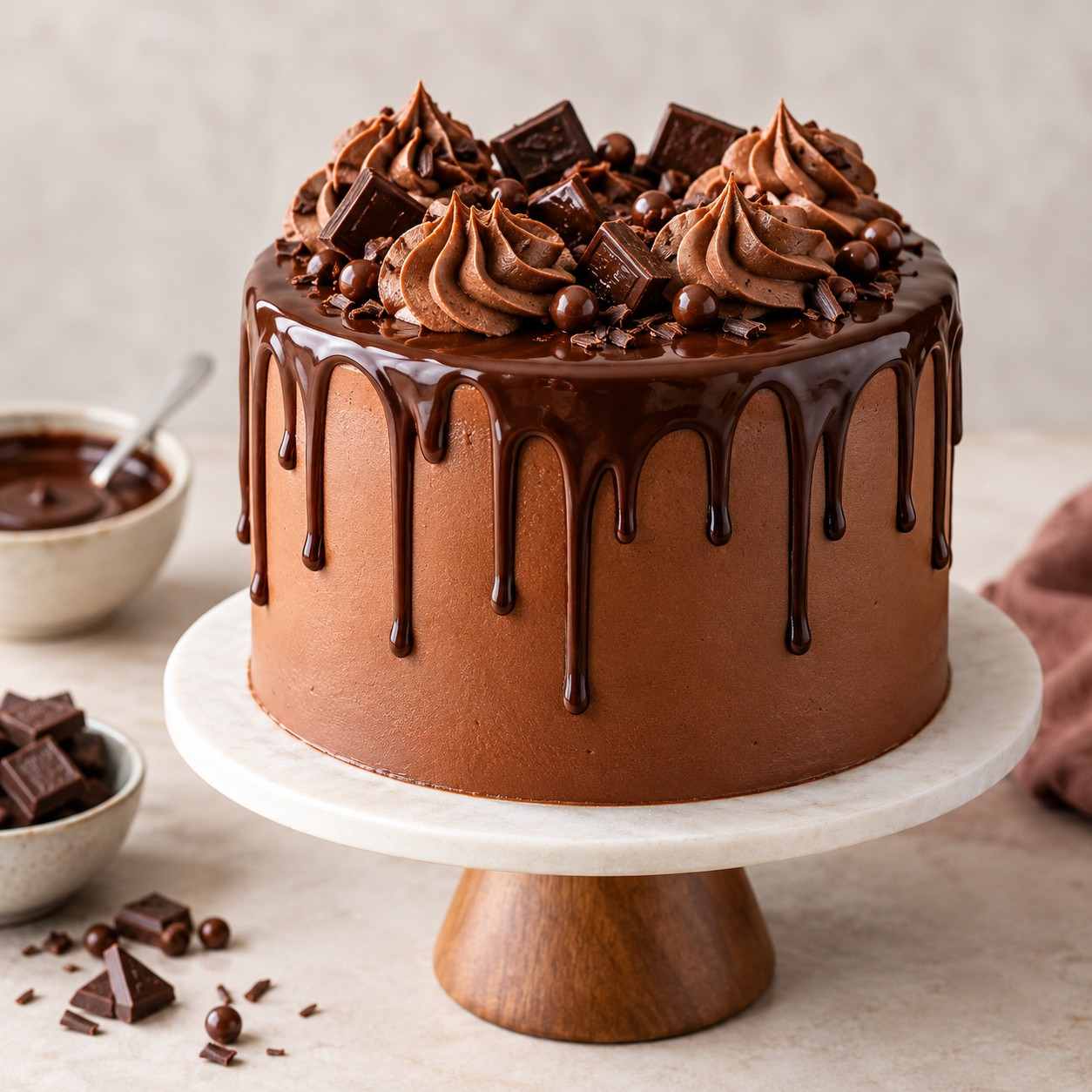 Chocolate drip cake with glossy ganache drips and chocolate decorations.