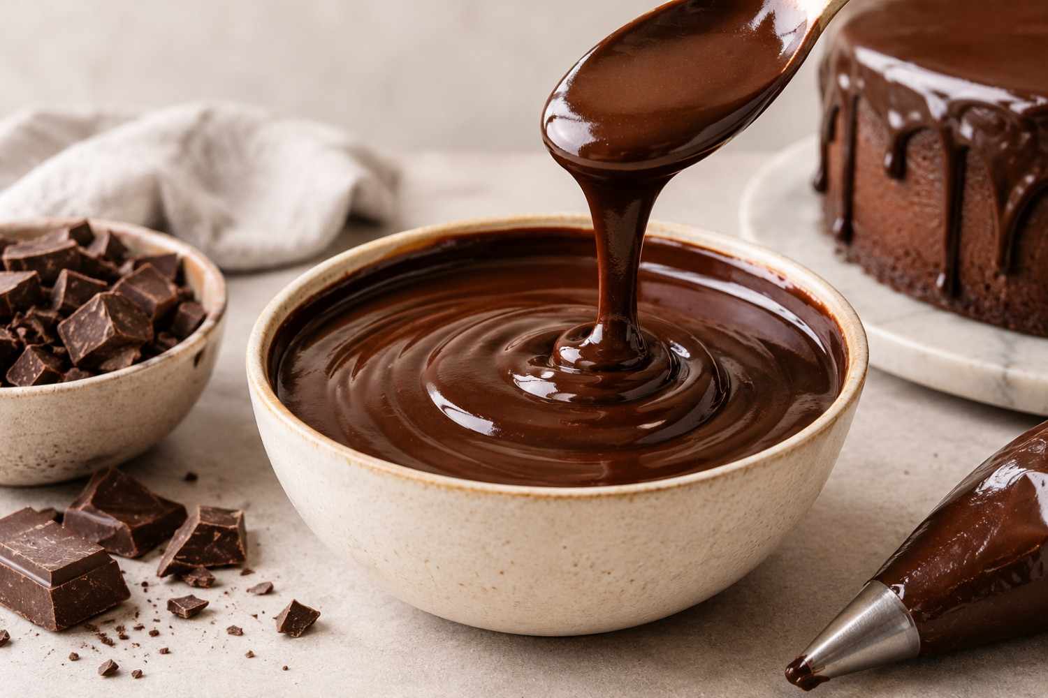 Smooth, glossy chocolate ganache in a bowl