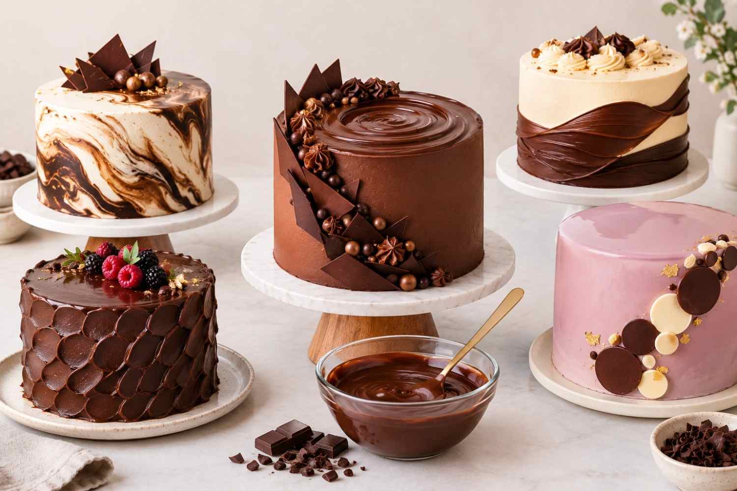 Creative ganache cake decorations with chocolate drips, brushstrokes, ruffles, and elegant toppings.