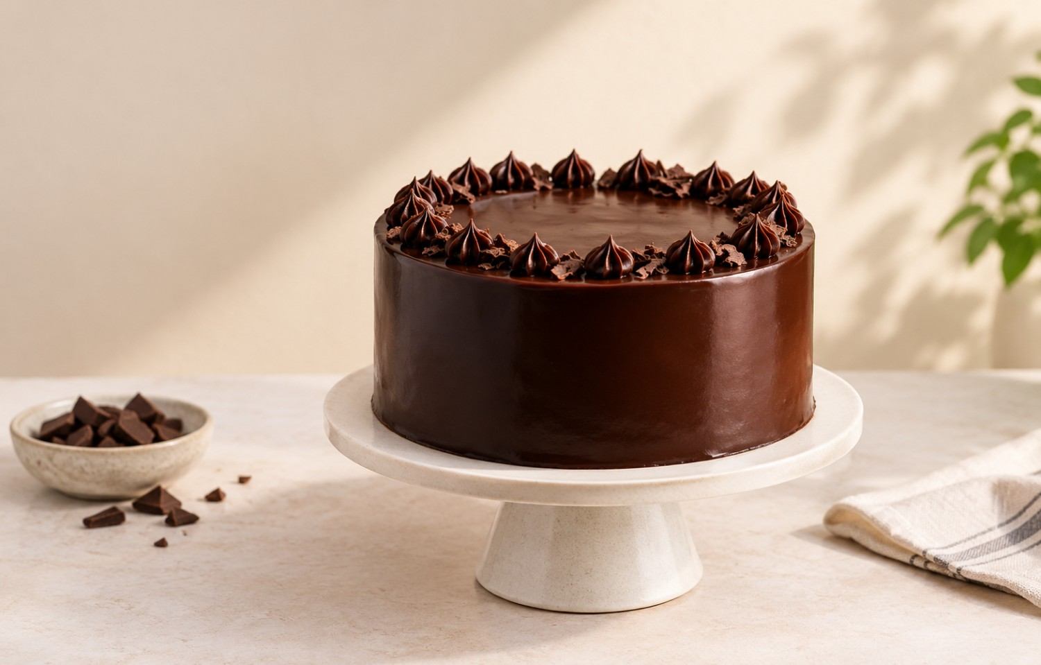 Dark chocolate ganache cake with smooth frosting and chocolate decorations.