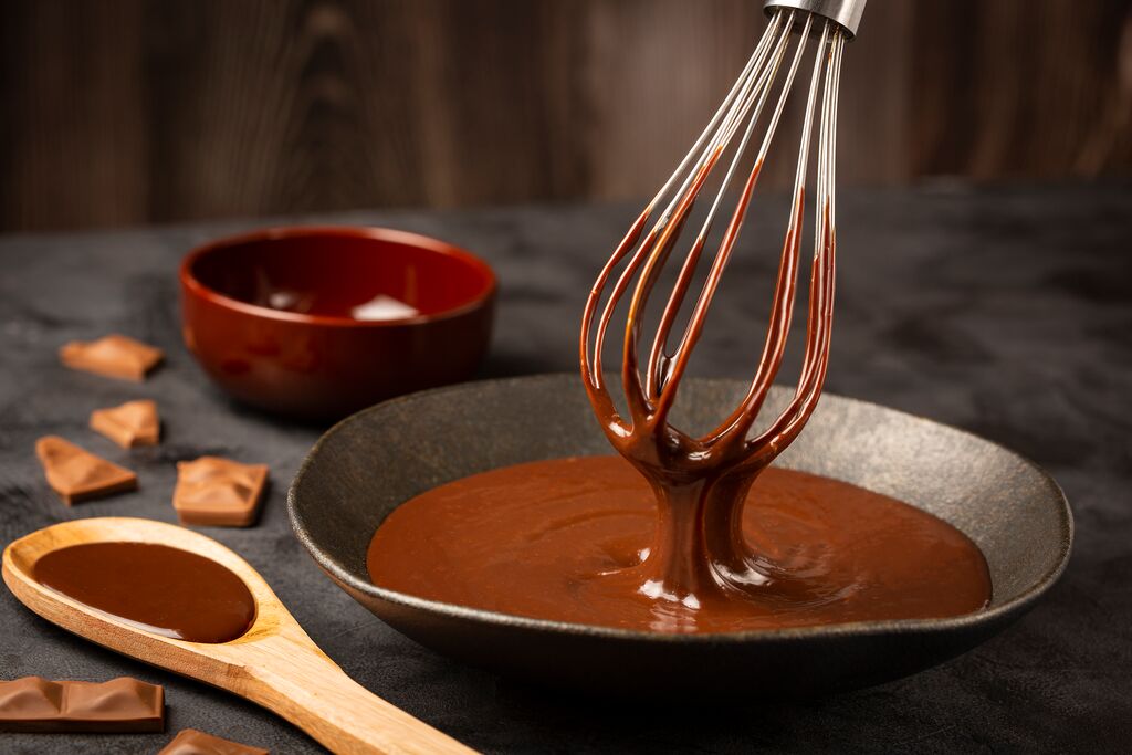 Whisk lifting smooth, glossy chocolate ganache from a bowl