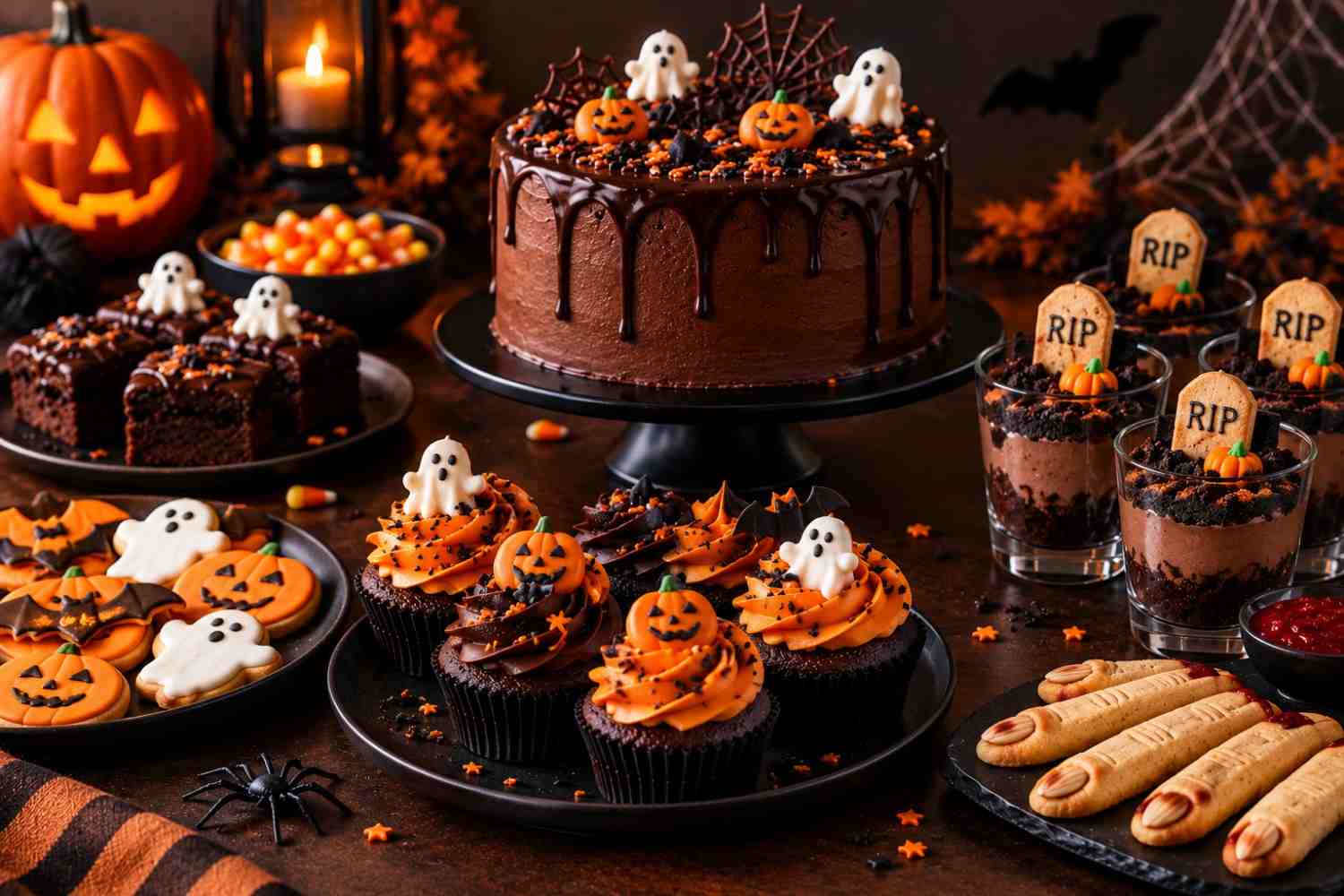 Halloween dessert table with a chocolate drip cake, pumpkin cupcakes, ghost cookies and graveyard dessert cups