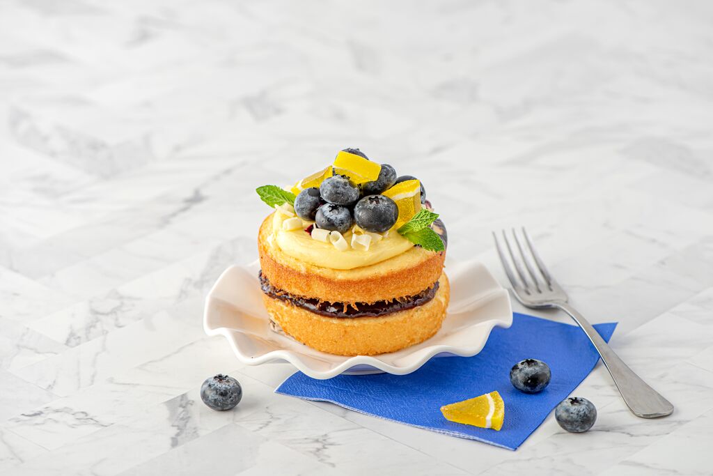Sponge cake layers with a berry fruit filling, topped with cream and fresh blueberries