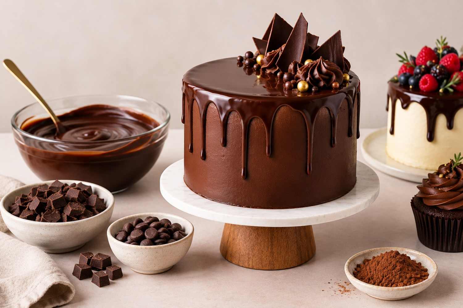 Chocolate ganache drip cake with chocolate shards and a bowl of glossy ganache
