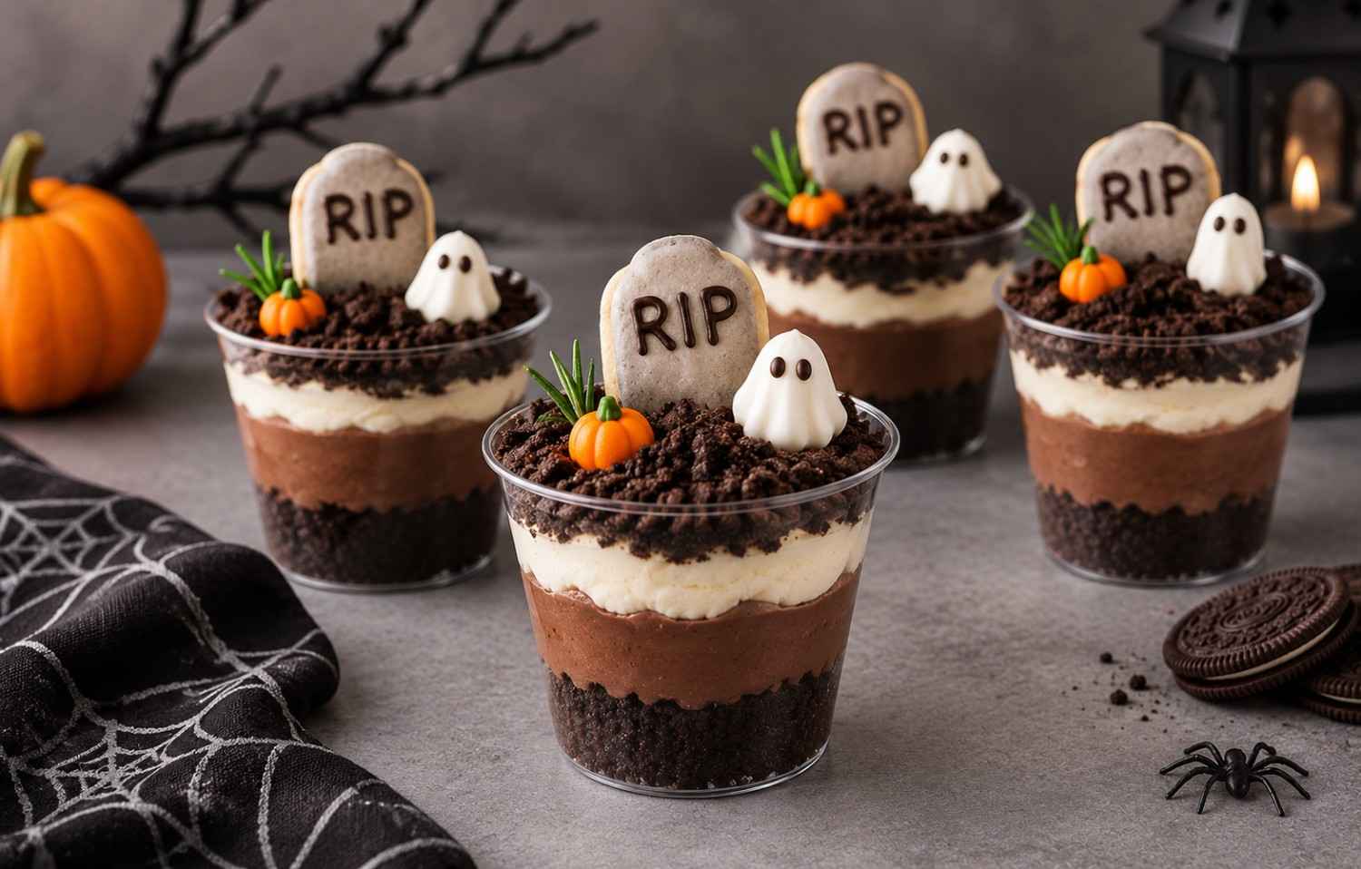 graveyard dessert cups with chocolate cream, cookie soil and RIP biscuit tombstones