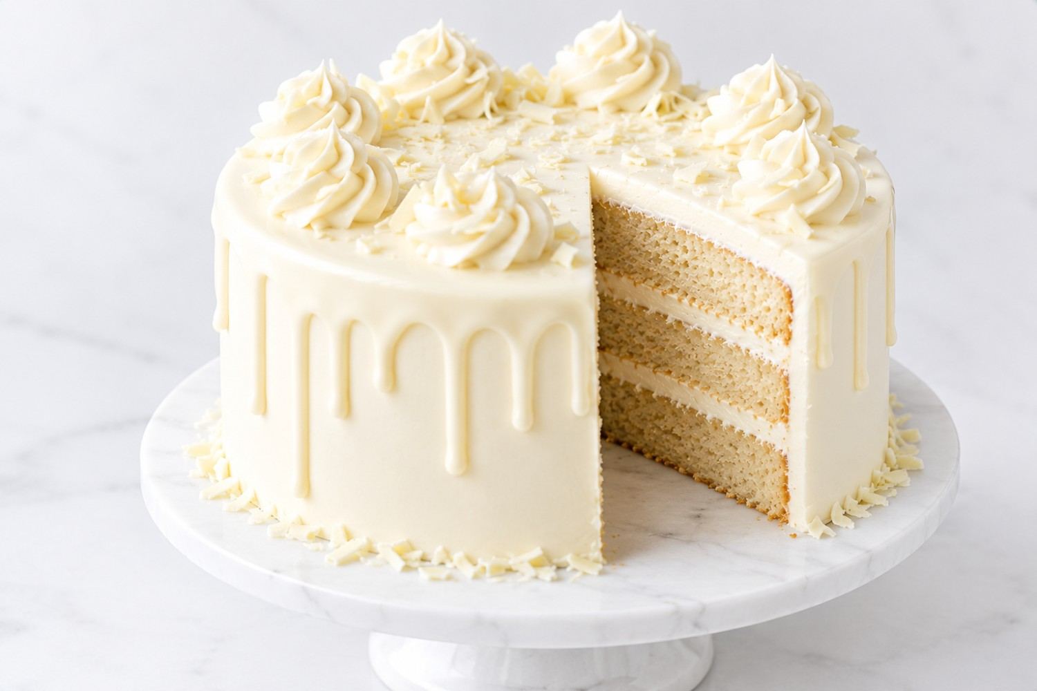 White ganache London Fog cake with layered vanilla sponge and piped frosting.