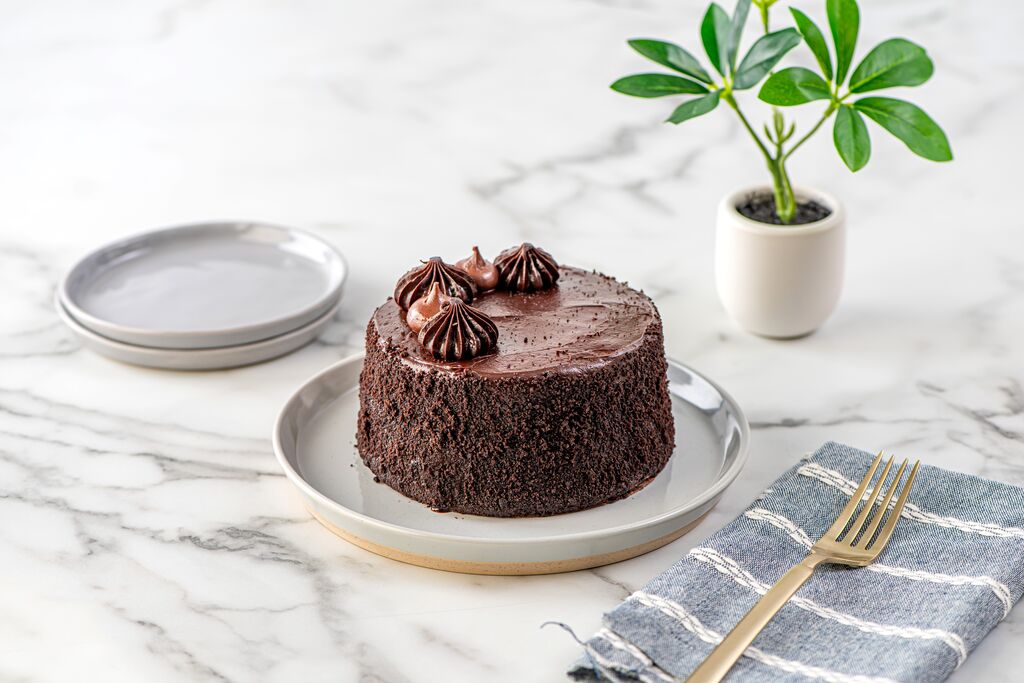 Chocolate cake decorated with piped ganache rosettes