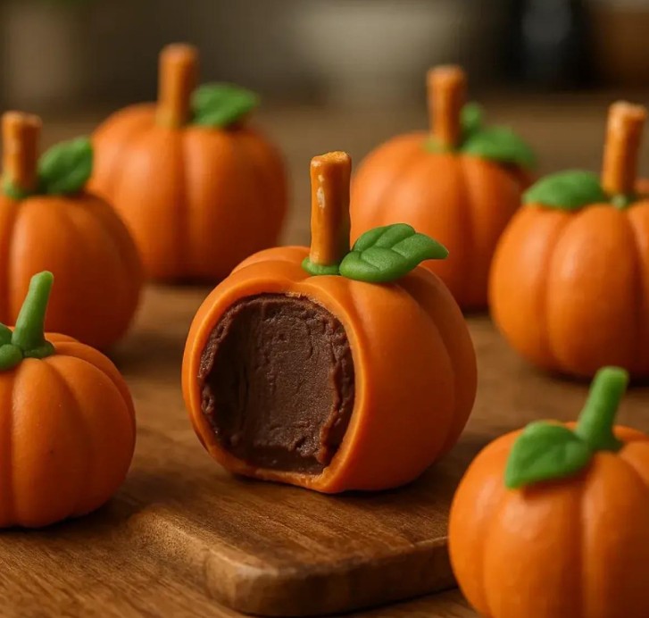Orange pumpkin-shaped truffle bites with a chocolate centre and green leaf stems