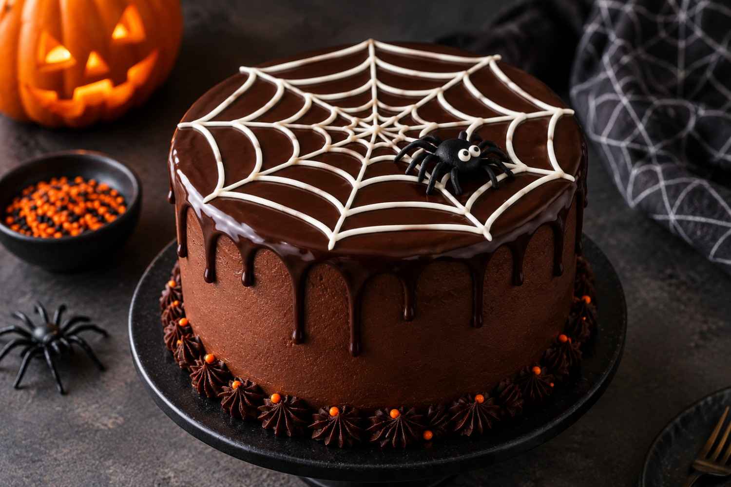 Chocolate Halloween cake with a white spider web design, chocolate spider and ganache drips