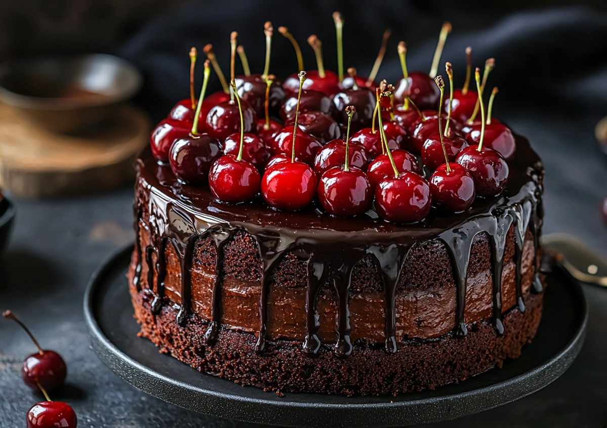 Dark chocolate cake with glossy ganache drips topped with fresh cherries