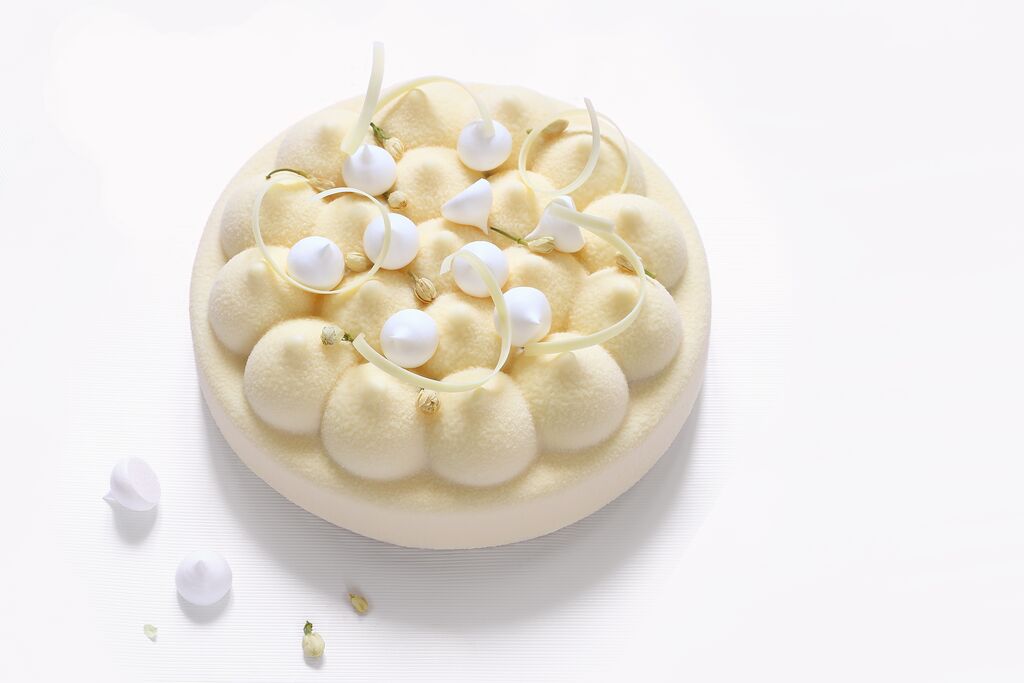 White chocolate ganache dessert with piped domes and meringue decorations